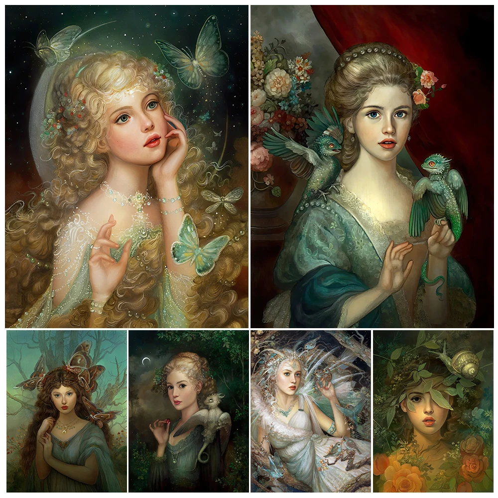 

Dragon Bird And Beautiful Girl Vintage Wall Art Canvas Painting Princess Butterfly Art Poster And Print Home Decoration Unframed