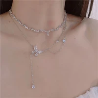 double layer water drop butterfly pendant flash diamond necklace choker beautiful zircon diamond clavicle chain texture necklace