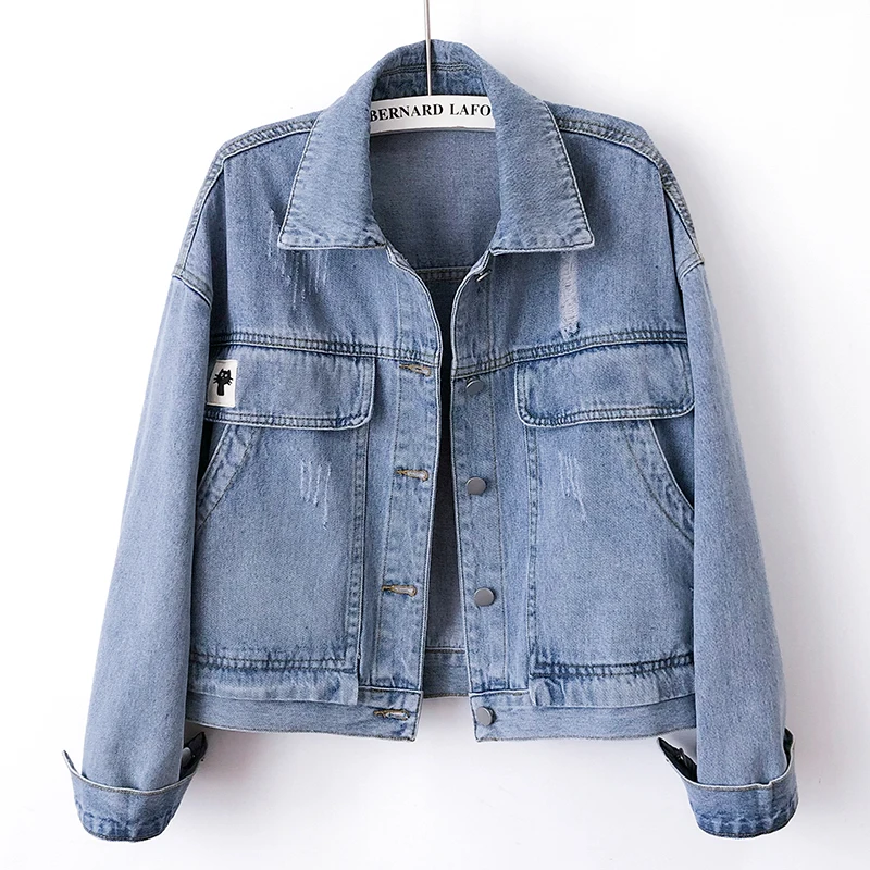 

Vintage Wash Blue Denim Jacket Coat Women Loose Short Frayed Cowboy Outerwear Korean Long Sleeve Big Pocket Jeans Jacket Female