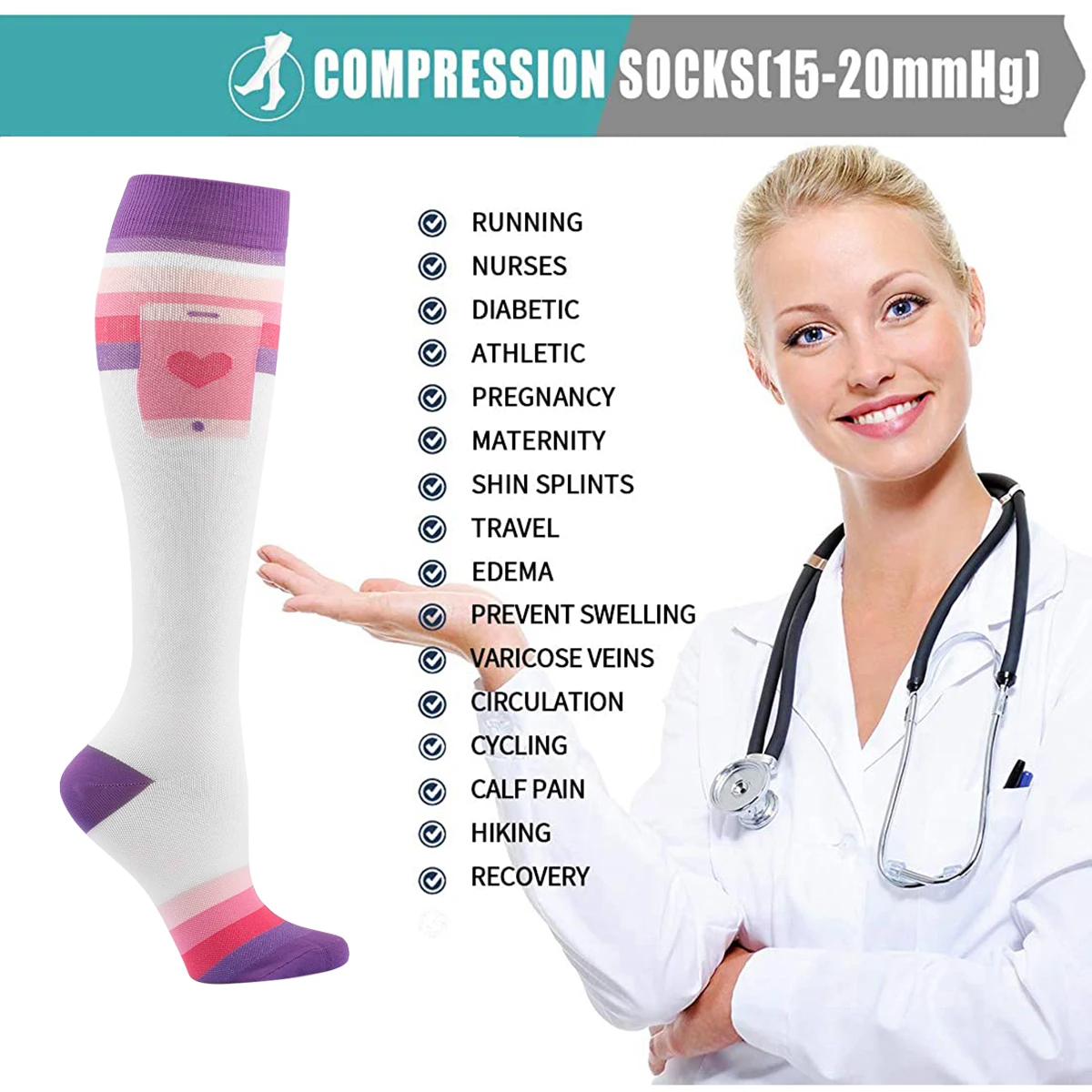 Men Women Compression Socks Best Graduated Athletic 15-20 Mmhg Professional Nursing Socks Fit Running Travel Hiking Sports Socks