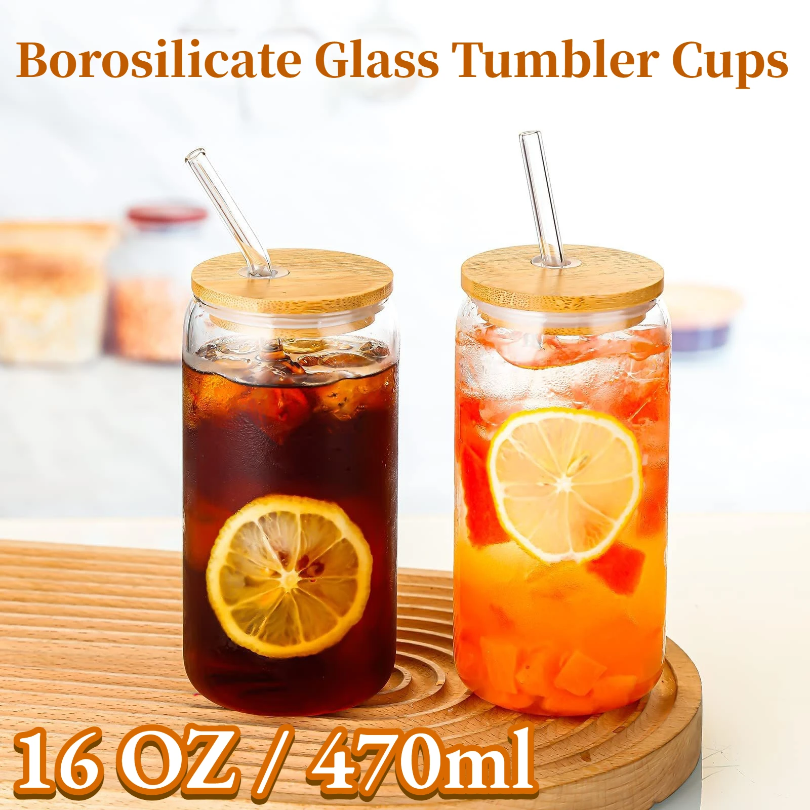 

16 OZ Glass Cups with Bamboo Lids and Straws Reusable Drinking Glass Tumbler Set for Iced Coffee,Espresso,Beer,smoothie & Juices