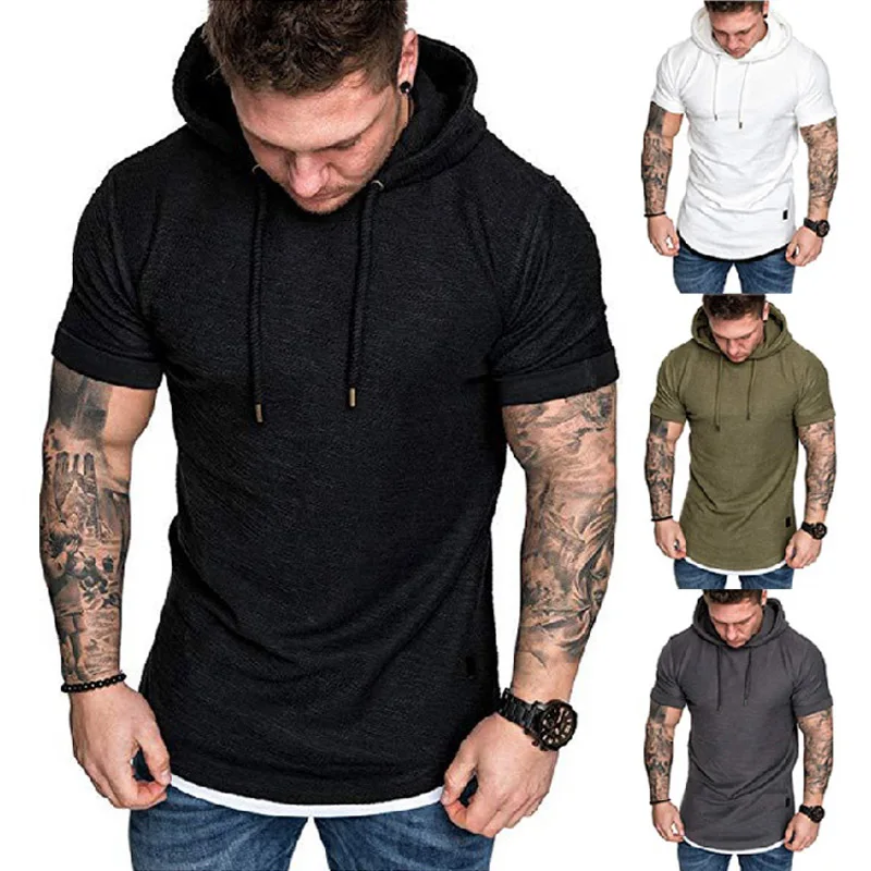 

Summer Men Tshirt Casual Solid Loose Hooded Tops Tees Shirts Male New Sportswear Hoodie Short Sleeve Mens T-shirt Gyms Clothing