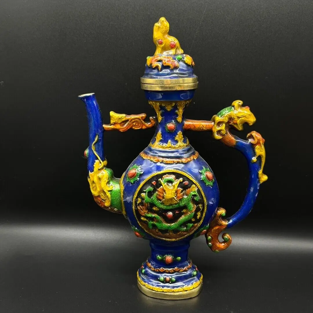 

Exquisite Pure copper Cloisonne carving Double dragon statue tea pot flagon