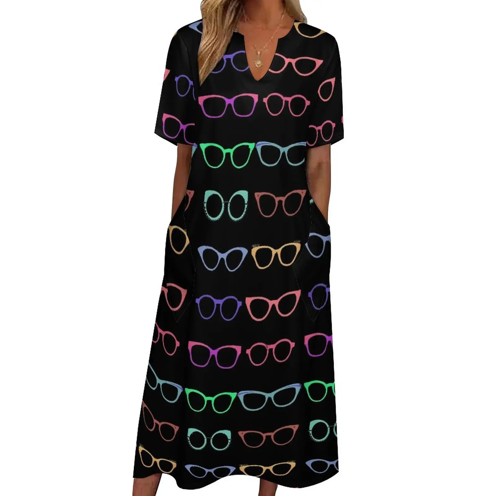 

Minimal Glasses Dress Colorful Print Kawaii Maxi Dress Short Sleeve Custom Boho Beach Long Dresses Street Style Oversize Clothes