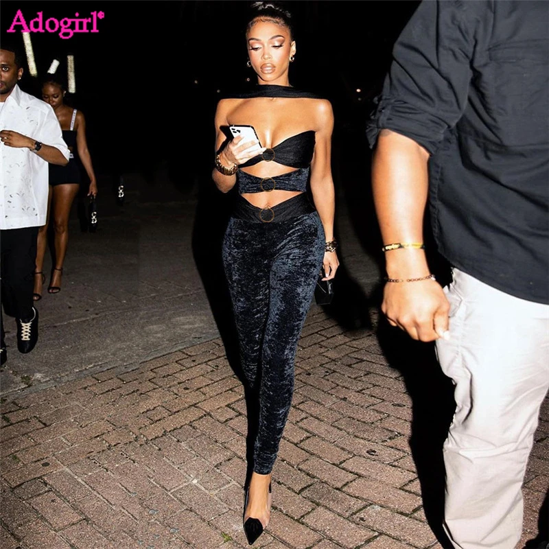 

Adogirl Velvet Jumpsuit Women Sexy Hollow Out Strapless Halter Backless Skinny One Piece Overalls Female Night Club Party Romper