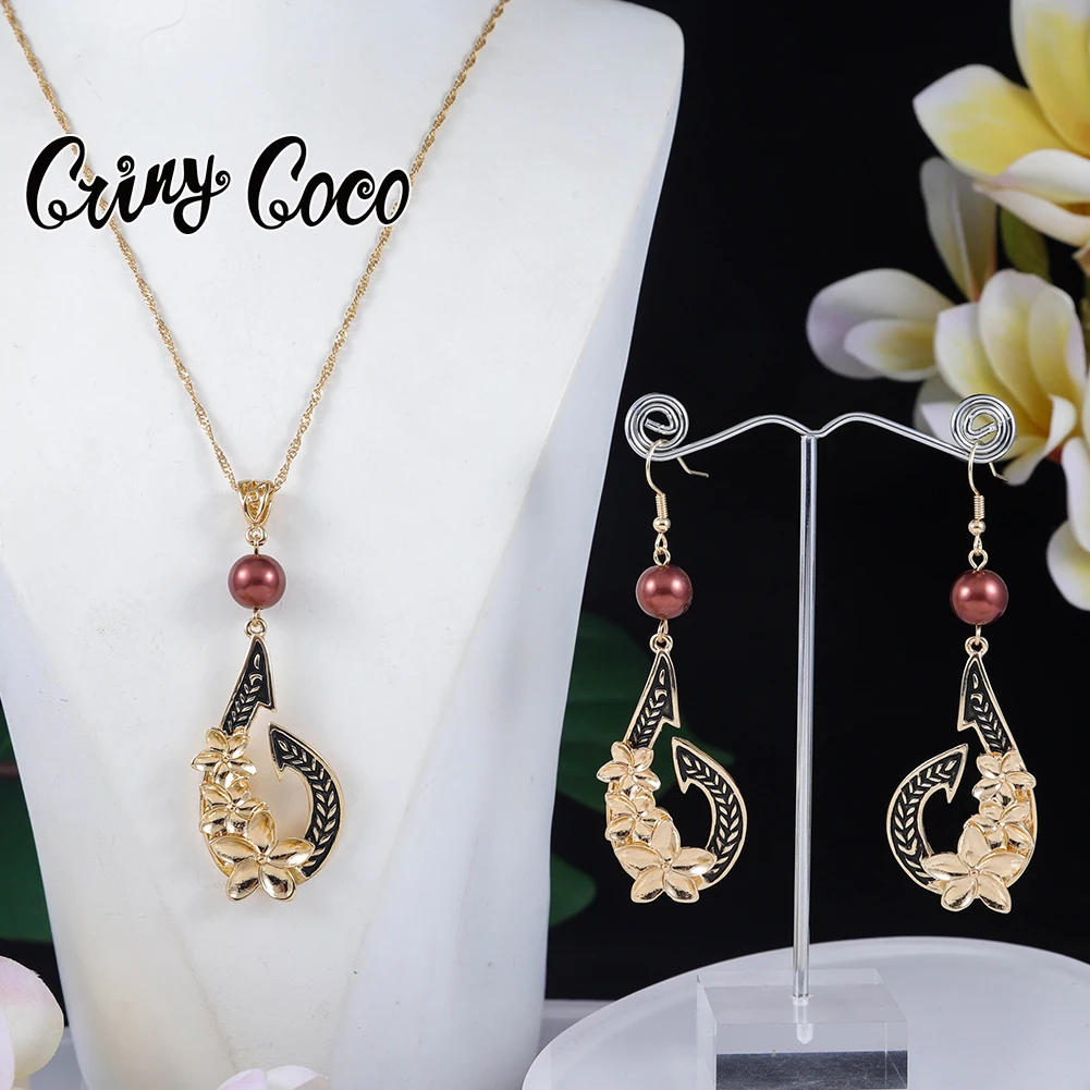 

Cring Coco Hawaiian Polynesian Fashion Pearl Jewelry Set Gold Plated Hibiscus Flower Pendant Necklace Anchor Earrings For Women