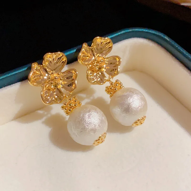 

High Quality 14K Gold Plating Flower Pearl Dangle Earrings For Women Girls Fashion Designer Drop Earring Wedding Jewelry Gift