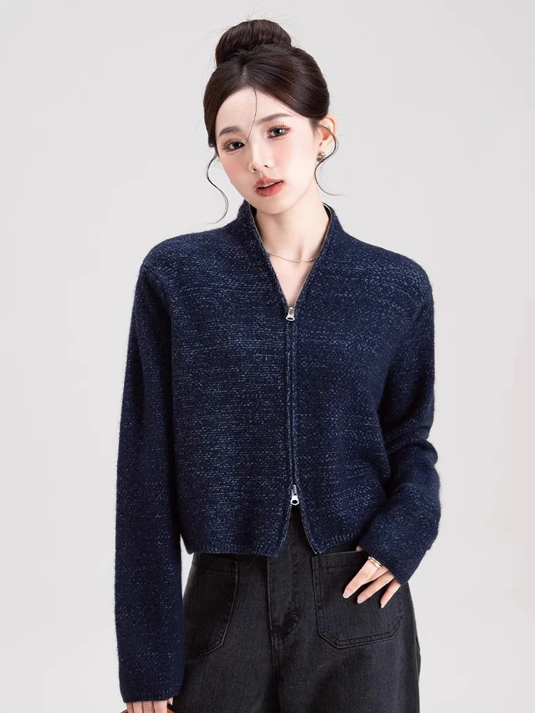 Королевский синий вязаный свитер с двойной молнией и v-образным вырезом женский