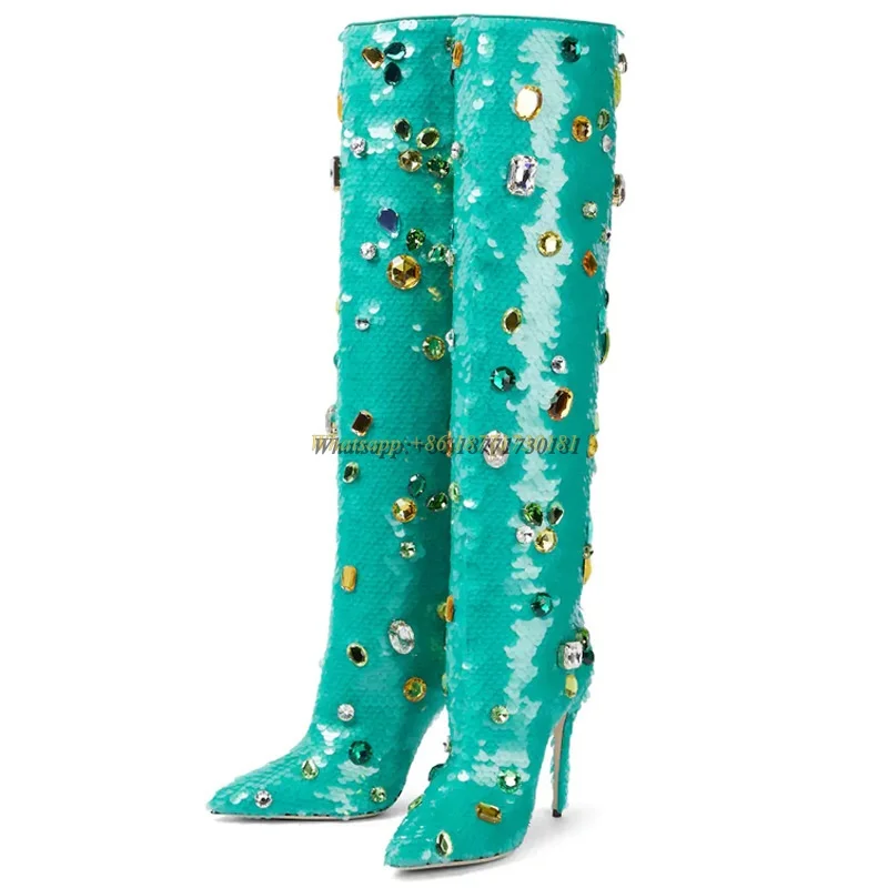 Green Gemstone Sequin Pointed Toe Stiletto Knee High Women's Boots Plus Size Runway Show Dancing Boots Spring Autumn Winter