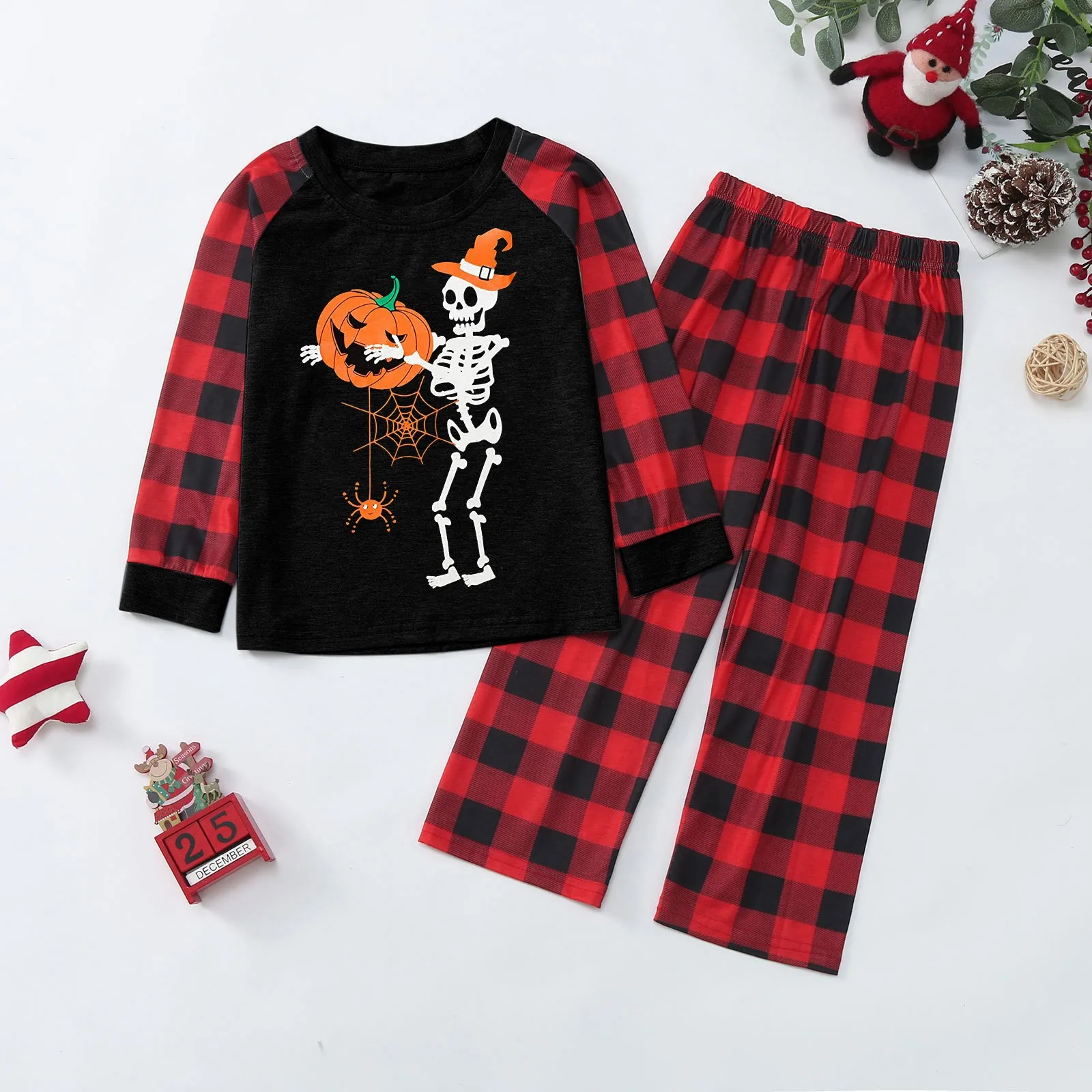 

Хэллоуин Смешной со скелетом тыквой клетчатый принт футболка с длинным рукавом топ и брюки праздничные Семейные сочетающиеся пижамные ком...
