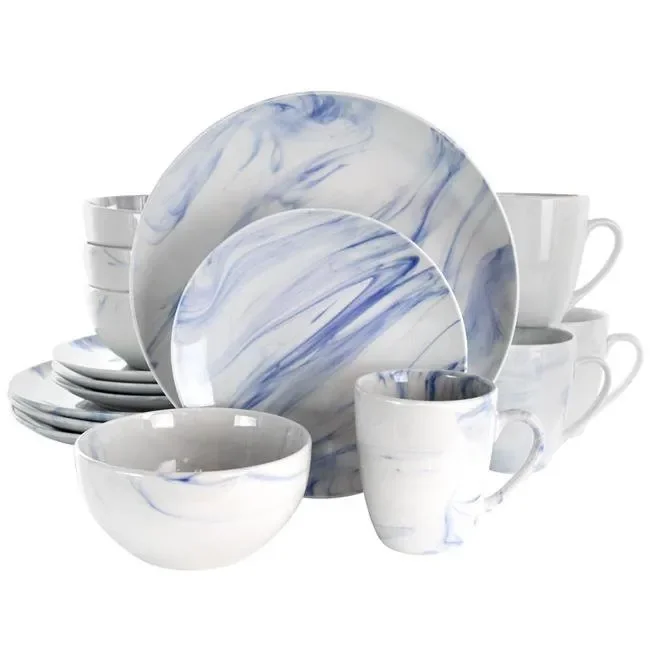 

Luxurious 16PC Blue & White Marble Stoneware Dinnerware Set - Ideal Everyday Use & Entertaining