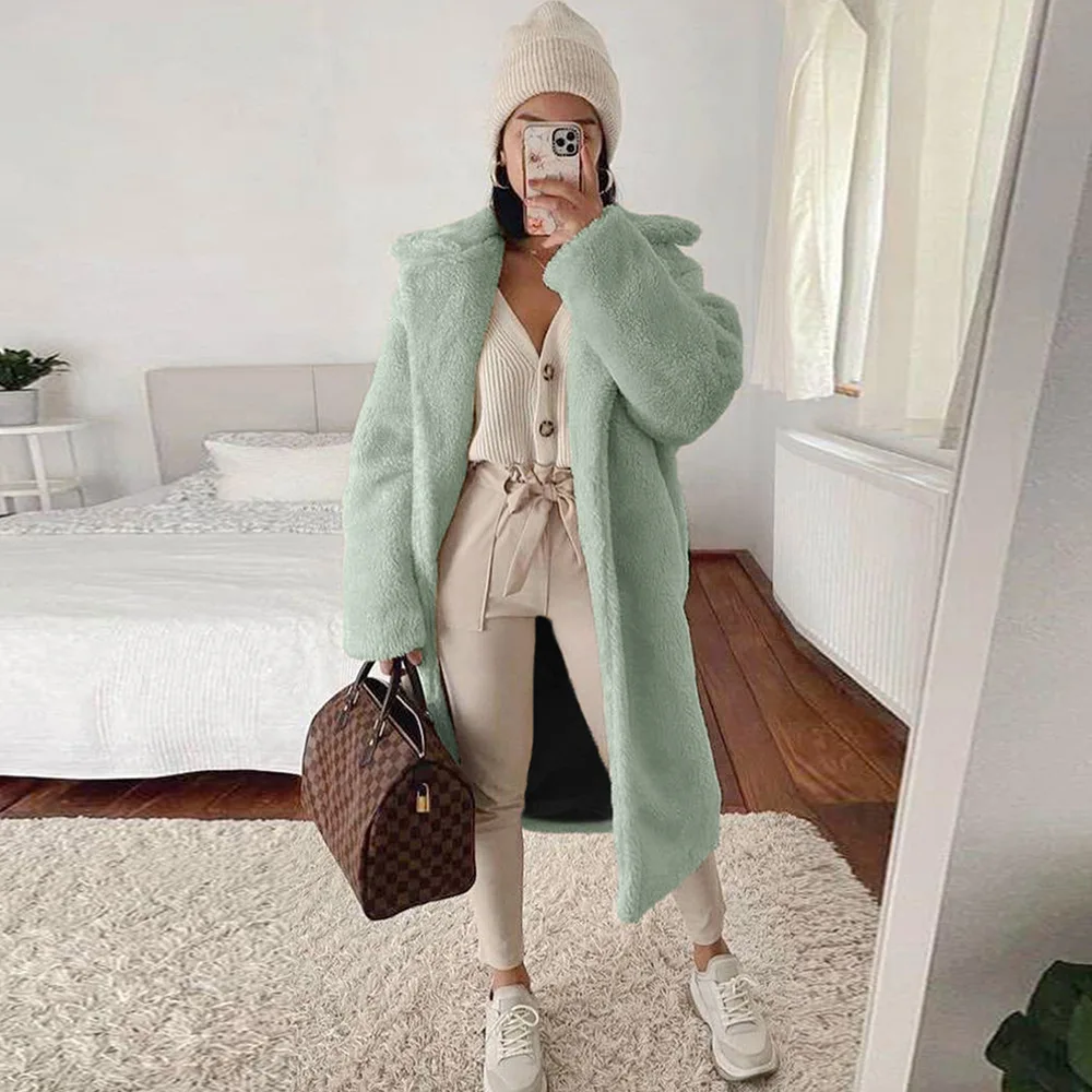Medium Length Faux Fur Coat Women's Autumn  Winter Windbreaker Casual Long Coat Casual Thick Keep Warm  Flocking  Fur Coats
