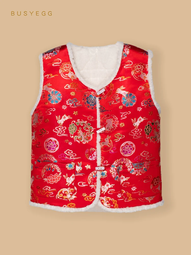 

Детский костюм Тан в китайском стиле с красным Кроликом, зимний теплый жилет из овечьей шерсти для девочек, китайский новый год, роскошные подарки для детей