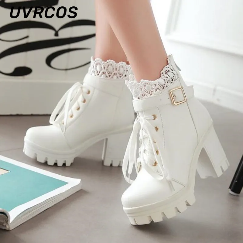 

Single Boots Women Super High Heel Chunky Lace Up S Waterproof Ankle British Style Factory The new listing Direct Selling
