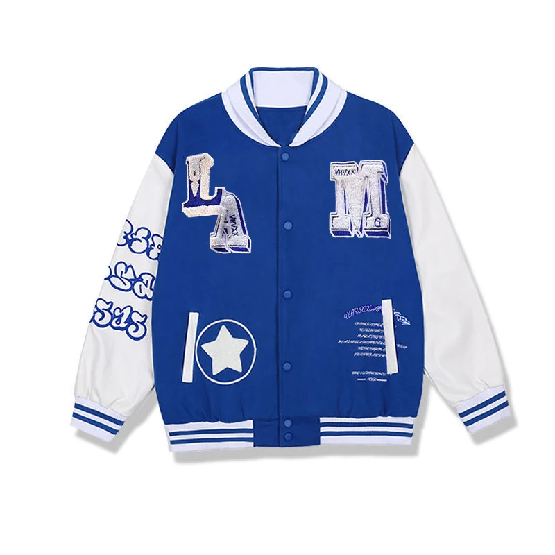 

Hip Hop Blue Men Varsity Jacket Letter Embroider Patchwork Vintage Spring Woman Bomber Jacket Coat Men's Clothing Y2k Streetwear