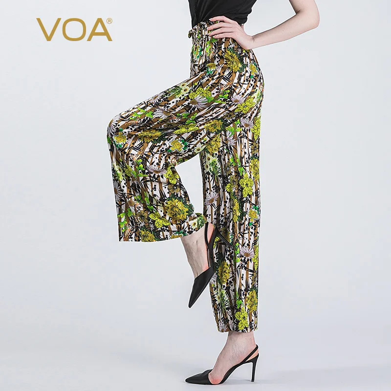 

Женские атласные брюки VOA с шелковым принтом 16 Momme, шелковые кружевные плиссированные брюки с эластичным поясом, модные длинные широкие брюк...