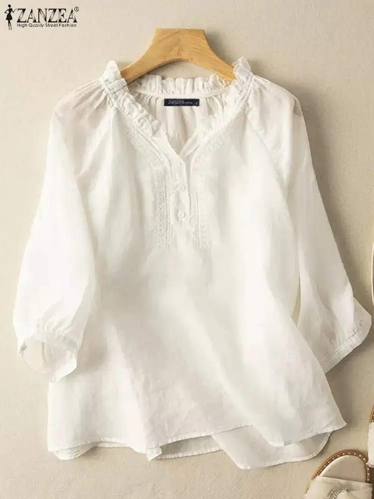 

Casual Loose Cotton Blouses ZANZEA Women Ruffled V-neck Shirt Elegant Embroidery Chemises 2023 Summer 3/4 Sleeve Tops Tunics