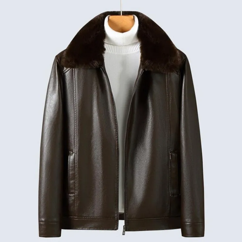 Autumn And Winter Men's High End  PU Leather Coat Lamb Fur Collar Middle Aged And Youth Jacket Business Casual Wear