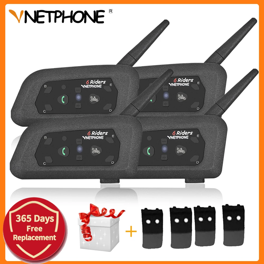 

4PCS Vnetphone V6 Motorcycle Bluetooth Helmet Interphone Headset Intercom Bright Black 1200M Comunicador Interfones for 6 Riders