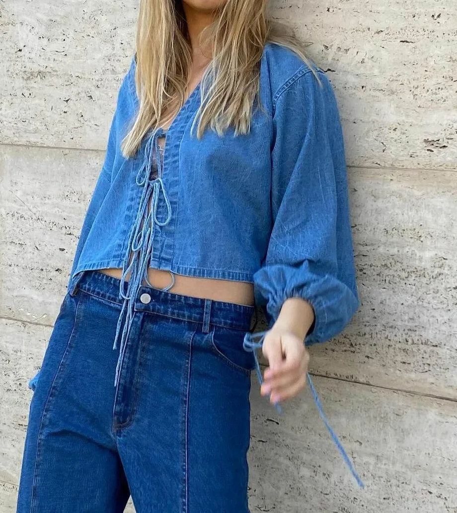 Новинка модные женские топы из денима с завязкой спереди однотонные рубашки