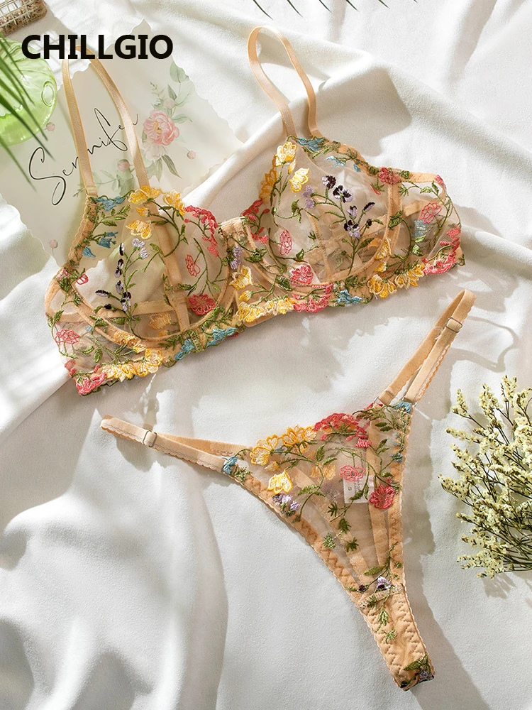 

CHILLGIO Women Sexy Embroidery Floral Bra Brief Suits Fashion Push Up Intimate Lingerie Retro Vintage Transparent Underwear Sets