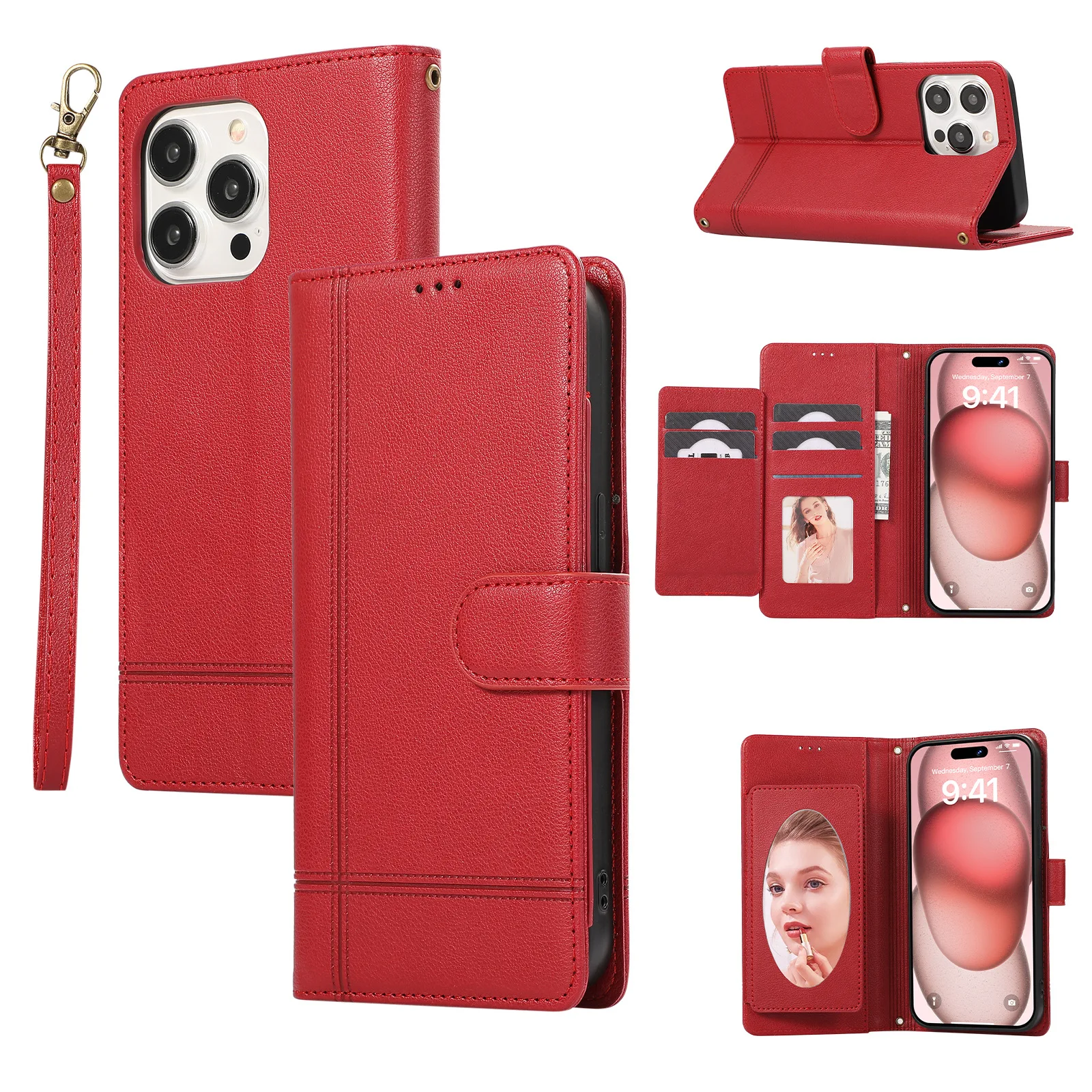 Фото Мини-зеркальный чехол-кошелек для Xiaomi Mi15 Mi14T Mi14 Mi13T Mi13 Mi12T Mi11T Mi11 Multi 5 карт, кожаный чехол через плечо с ремешком на руку №2