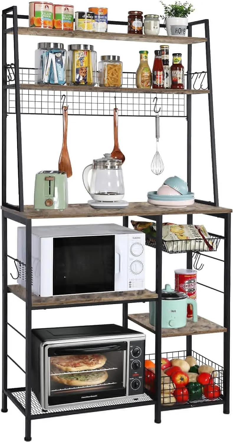 

Baker\u2019s with Storage Coffee Bar Station, 68inch Microwave Oven Stand with Pull-out Wire Basket 12 Hooks,5 Tier Storage She