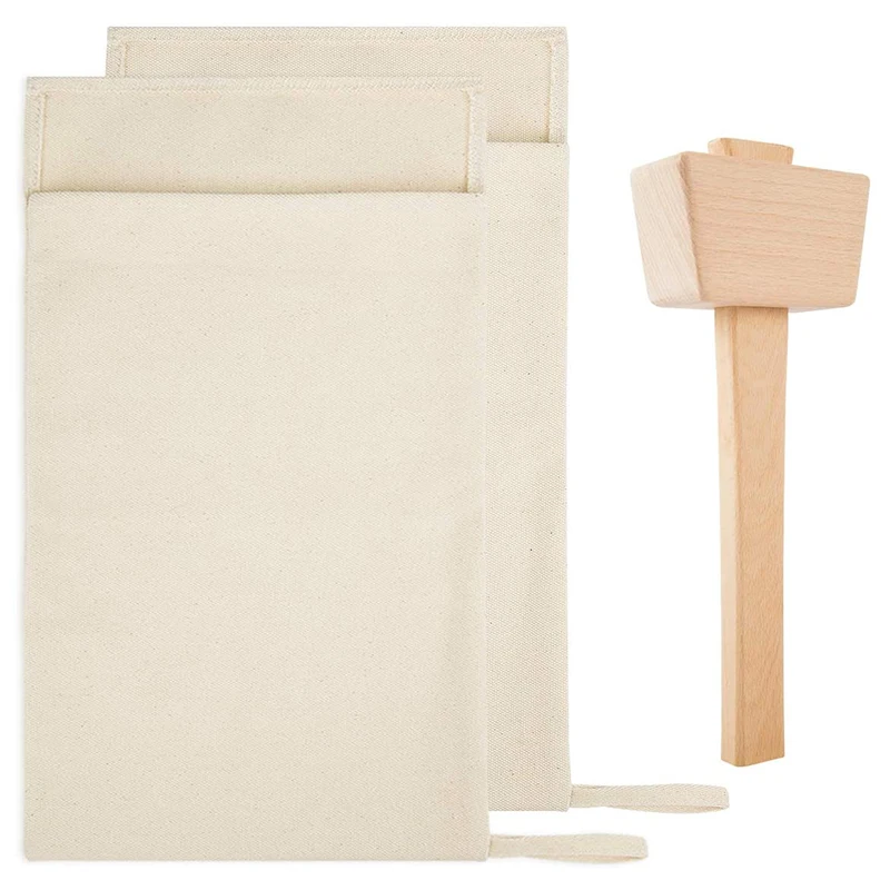 

Pack of 2 Lewis Bags and 1 Piece Ice Mallet Set-Reusable Canvas Crushed Ice Bags with Wooden Mallet for Home Party Bar