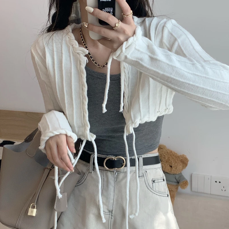 

Ultra-short Pink Bandage Long-sleeved Knitted Cardigan Women's Autumn Korean Style All-match Design Niche Sweater Tops Outerwear