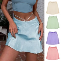 chic sexy womens 2022 summer new short skirt slim empire solid color satin skirt elegant fashion show navel tie zip mini skirt