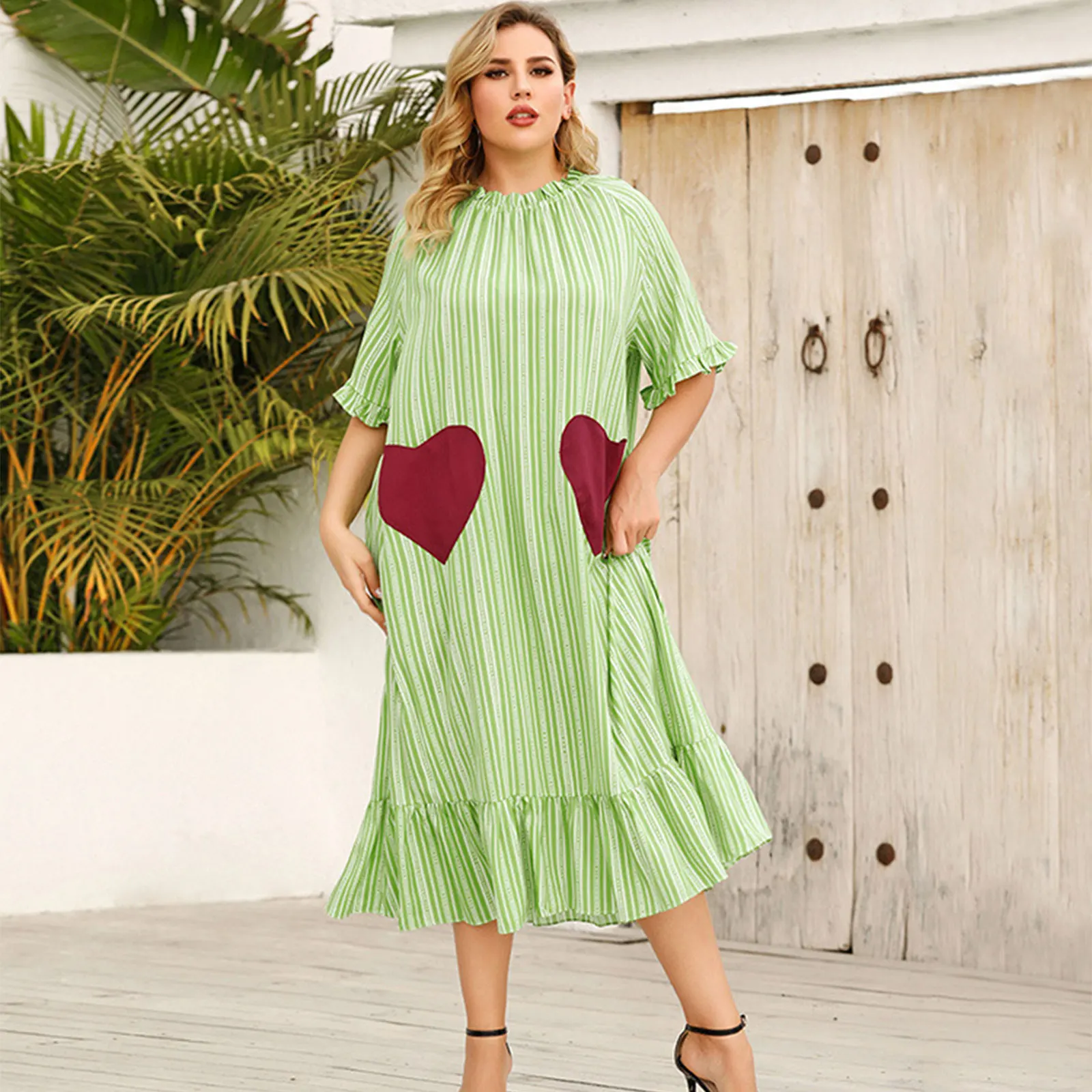 

Stylish Plus Size Women Midi Dress Sexy Ruffle Sleeve Hem Striped Print Casual Dress Bohemian for Beach Holiday Summer