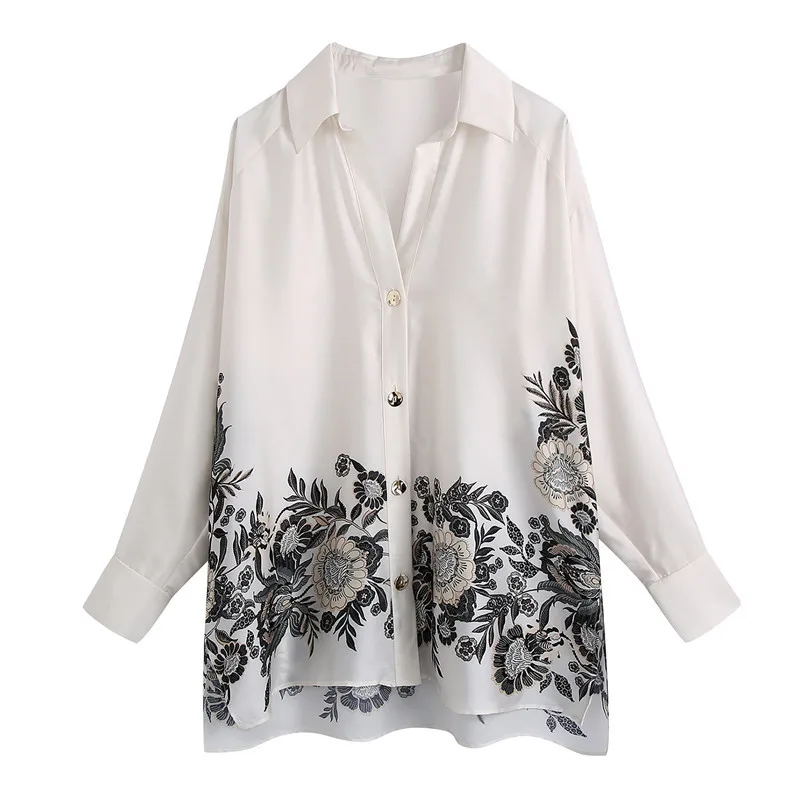 

White Long Cardigan Top Spring Autumn Women Fashion Lapel Long Sleeve Flower Print Blouse Woman Casual Loose Irregular Hem Shirt