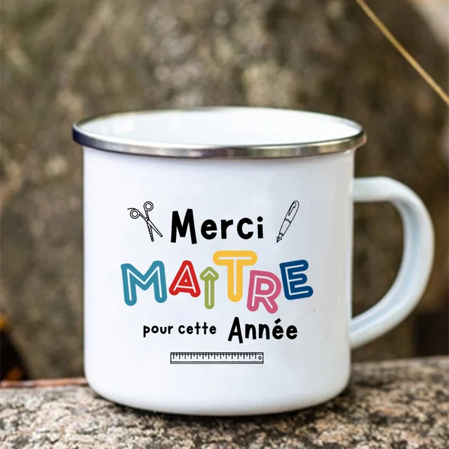Merci Maitre Printed Mugs Creative Coffee Tea Cups Drinks Water Milk Enamel Mug School Home Handle Drinkware Gifts for Teacher 3