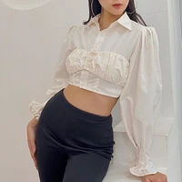 white balloon sleeve elegant women top and blouse t shirts spring autumn 2021 new sexy ruched crop tops solid fashion t shirt