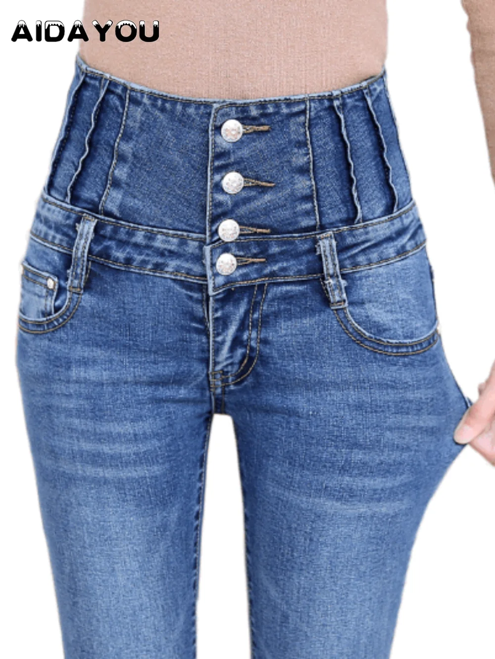 

Womens High Waisted Jeans Skinny Stretchy Fit Elastic Pants Female Keep Slim Boyfriend Button Front Jean ouc574a