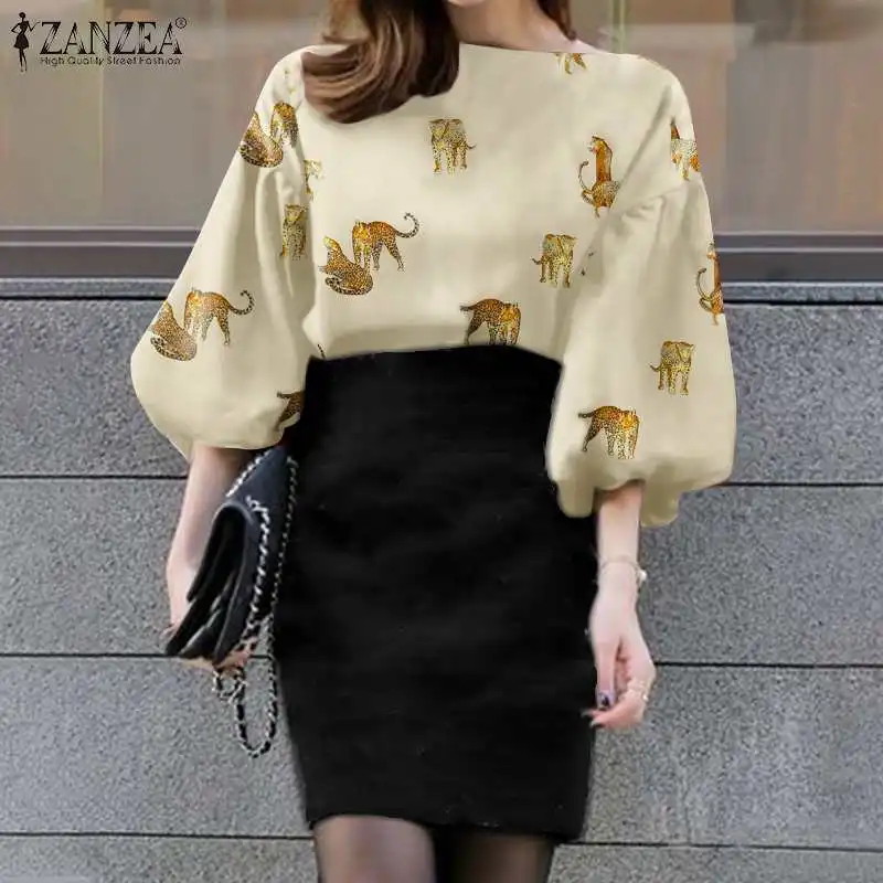 

Женские топы ZANZEA с пышными рукавами, туника, сезон весна-лето 2022, блузка, рубашка, повседневная женская блузка оверсайз с принтом животных