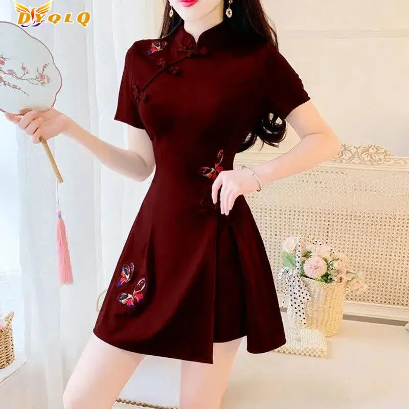 

Dyqlq 2022 Summer Ladies Dress Short Skirt Suit Fashion Trend Western Style Retro Cheongsam Women's Two-piece Women's Clothing