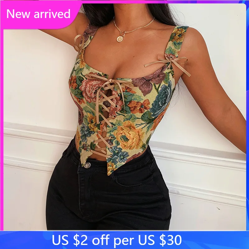 

Spring/Summer 2022 New Jacquard Waist Vest Women Vintage Floral Embroidery Lace Up Sling Tops