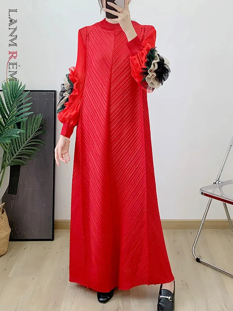 

Женское плиссированное платье-макси LANMREM, свободное Элегантное Вечерние с цветными блоками и с длинными рукавами, с круглым вырезом, праздничная одежда, новинка 2023, 2DA2352