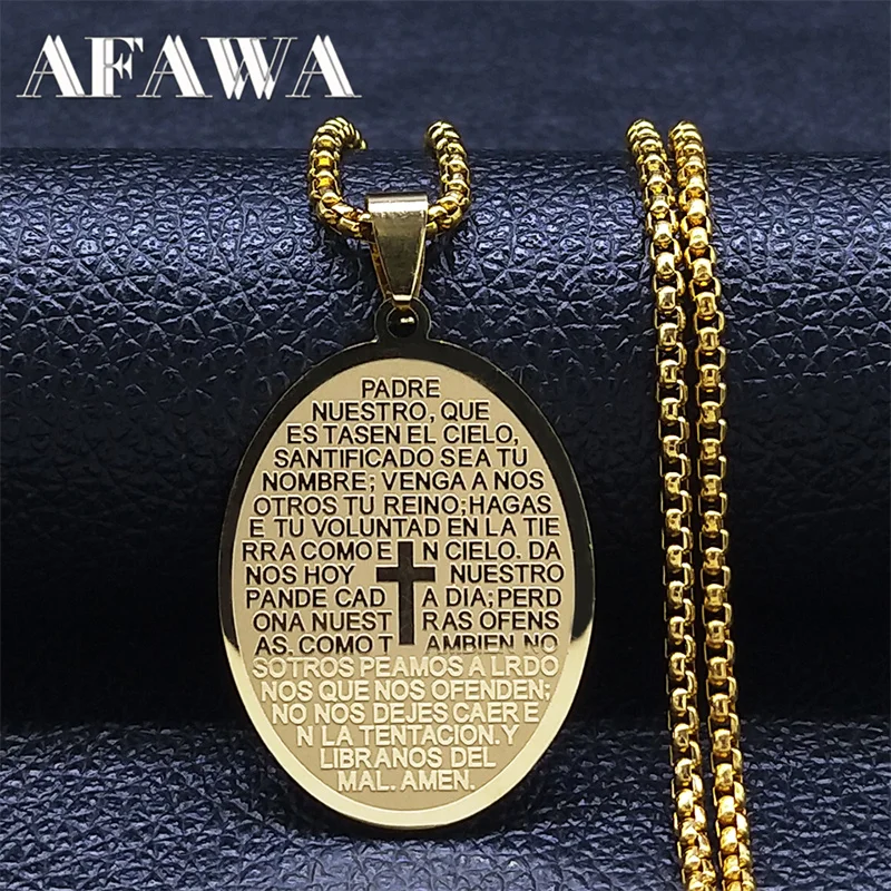 

Bible Verse Quote Cross Pendant Necklace Stainless Steel Gold Color Spanish Lord's Prayer Necklaces Jewelry collier homme N2037