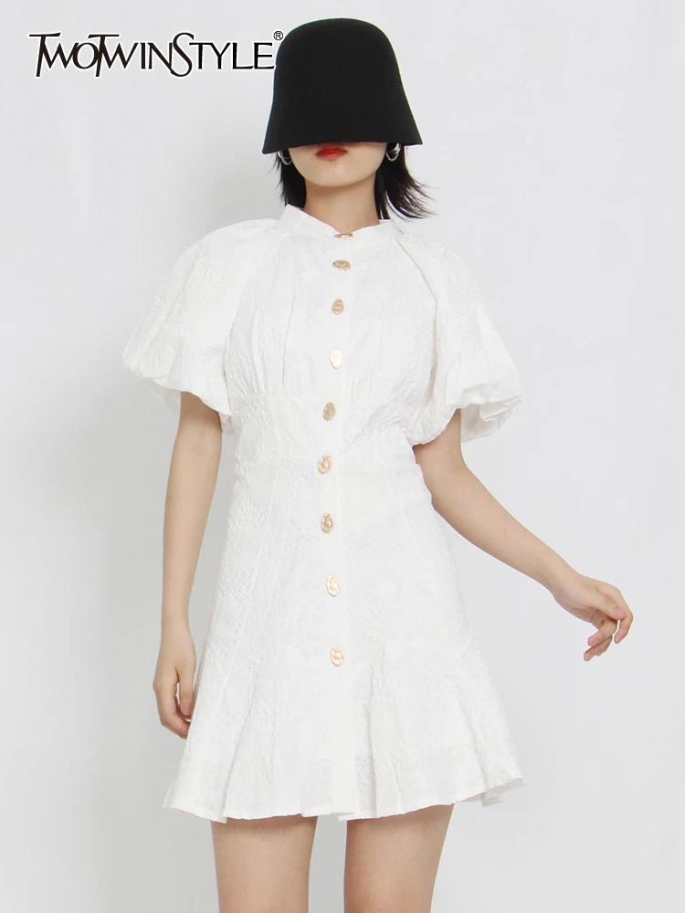 

TWOTWINSTYLE Patchwork Buttons White Dress For Women Round Neck Puff Sleeve Casual Mini Dresses Female Fashion New 2022 Clothing