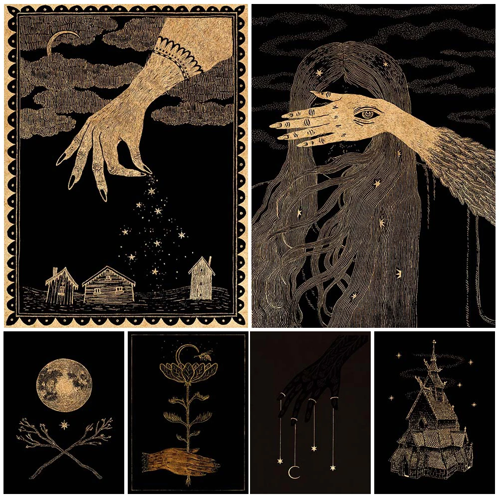 

Stars,Moon And Branches Witchcraft Magic Print Art Canvas Poster For Living Room Decor Home Wall Picture