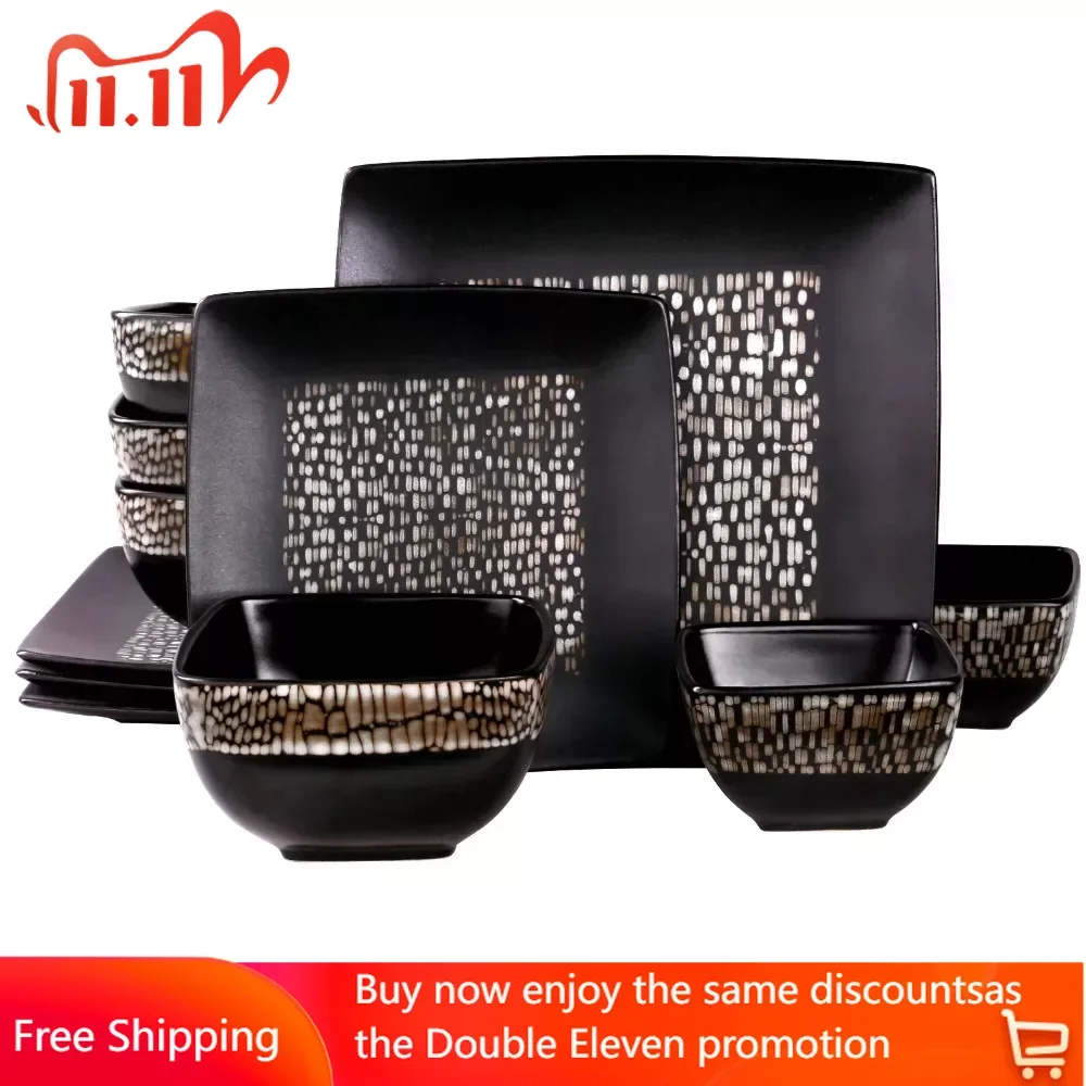 

Тарелка для еды, обеденный набор из 16 предметов, двойная миска, набор керамической посуды в черном цвете, бесплатная доставка, посуда, тарелки для ресторана, наборы тарелок