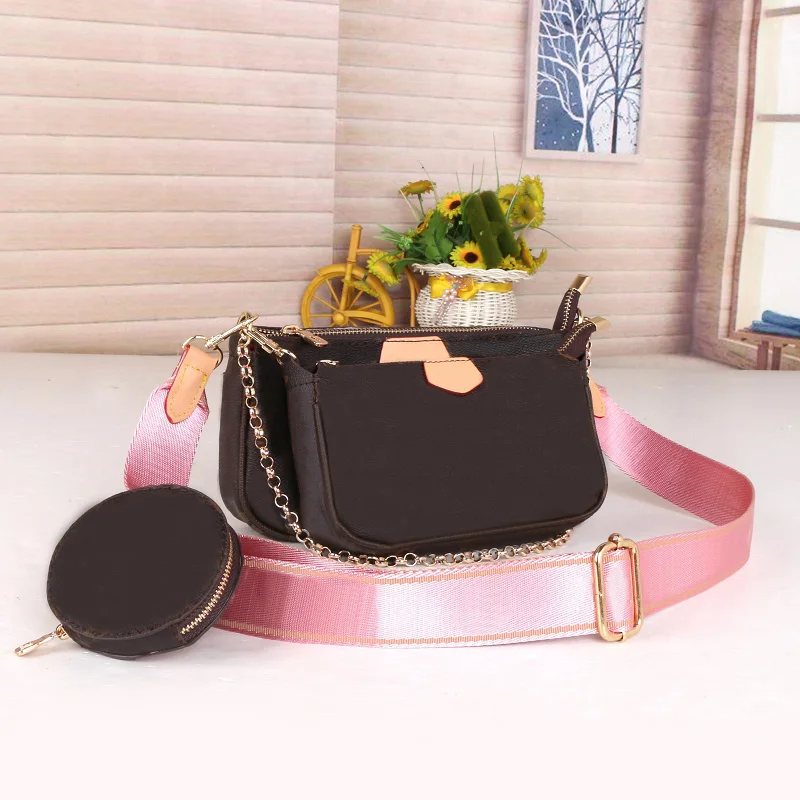 

Top Quality Fashion Luxury designer Womens Crossbody female lady Messenger Multi Pochette accessoires purse Brown Flower and box