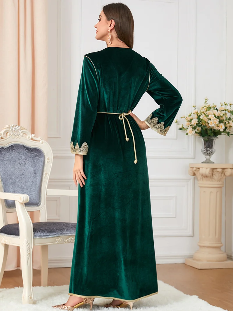 Dresses For Women 2022 Luxury Designer Abaya Floral Embroidery Guipure Lace Panel Belted Kaftan Velvet Long Sleeve Party Dresses