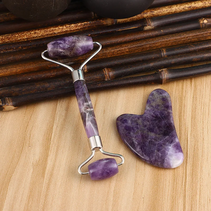 

Amethyst Roller And Gua Sha Set Facial Lifting Tool Gua Sha Massager For Skin Care Facial Eye Care Anti-Aging Face Beauty Set