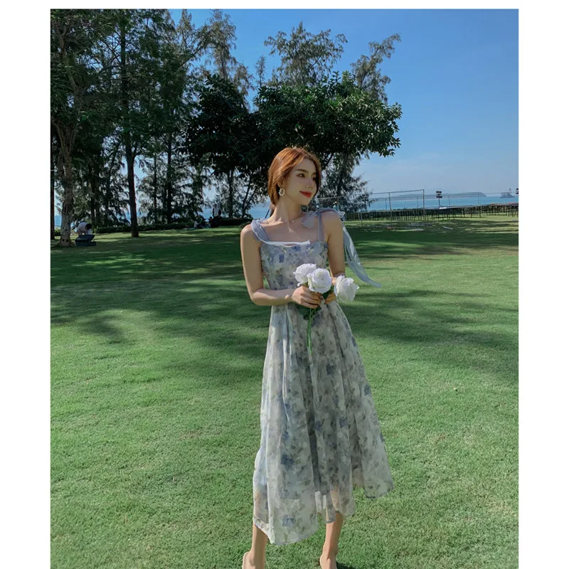

Women Suspender Long Dresses Casual Sweet Loose Floral Woman Dress 2022 Summer Female Elegant Skirt Fashion Streetwear Vestidos