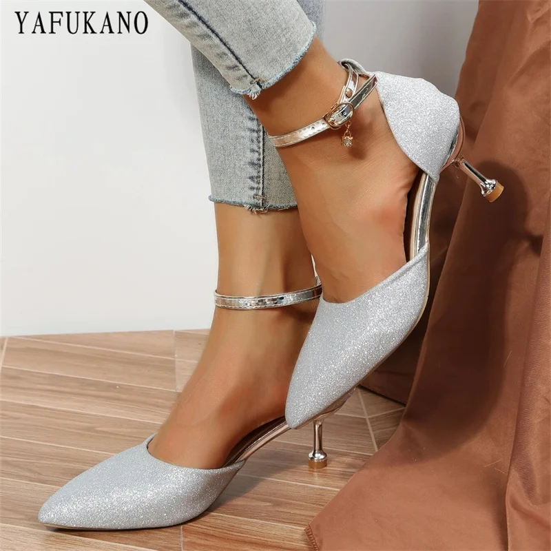 

Rhinestone Decor Point Toe Stiletto Heeled Glitter Ankle Strap Pumps Silver Party Wedding Shoes Plus Size Womens Shoes 42 43