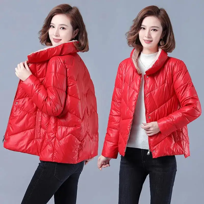 2023 Autumn Winter Bright Face Padded Jackets Women Short Coat Loose Stand-Up Collar Fashion New Black Down Cotton Jacket Female