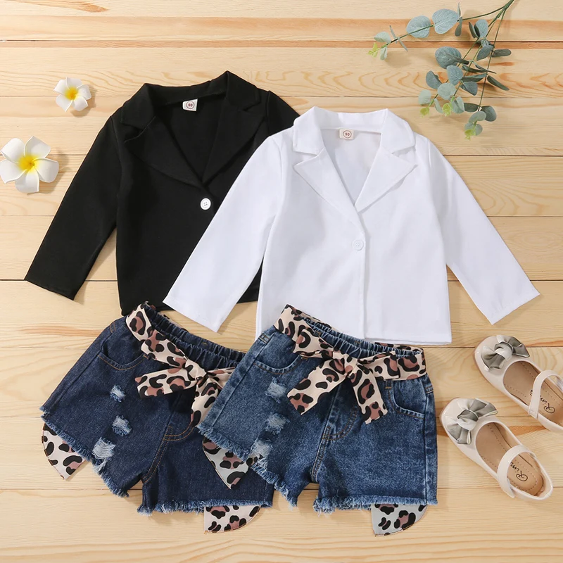 

Pudcoco 1-6T 2Pcs Lapel Office Work Business Blazer Outwear Coat Tops+Denim Short Jeans Ripped Pants Clothes Sets